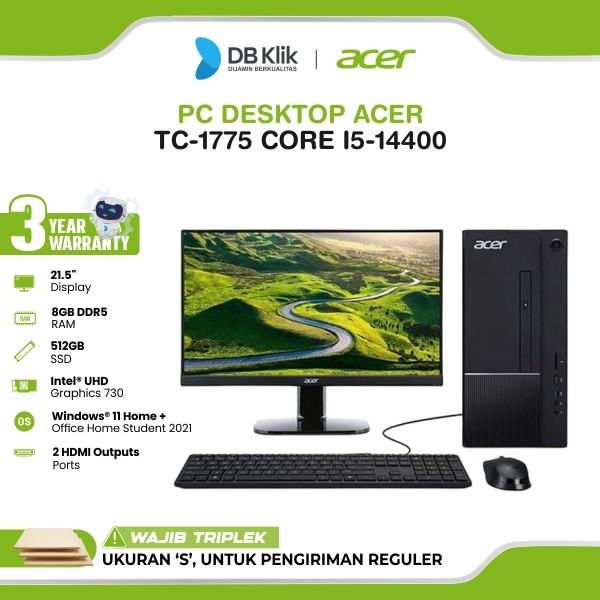 PC Desktop Acer TC-1775 Core i5-14400 8Gb 512Gb Ssd No Dvd Windows 11 Home + Office Home Student 2021 + Led Monitor