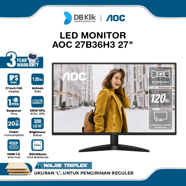 AOC 27B36H3 LED Monitor 27" IPS FHD 120Hz 1ms Adaptive Sync HDMI VGA