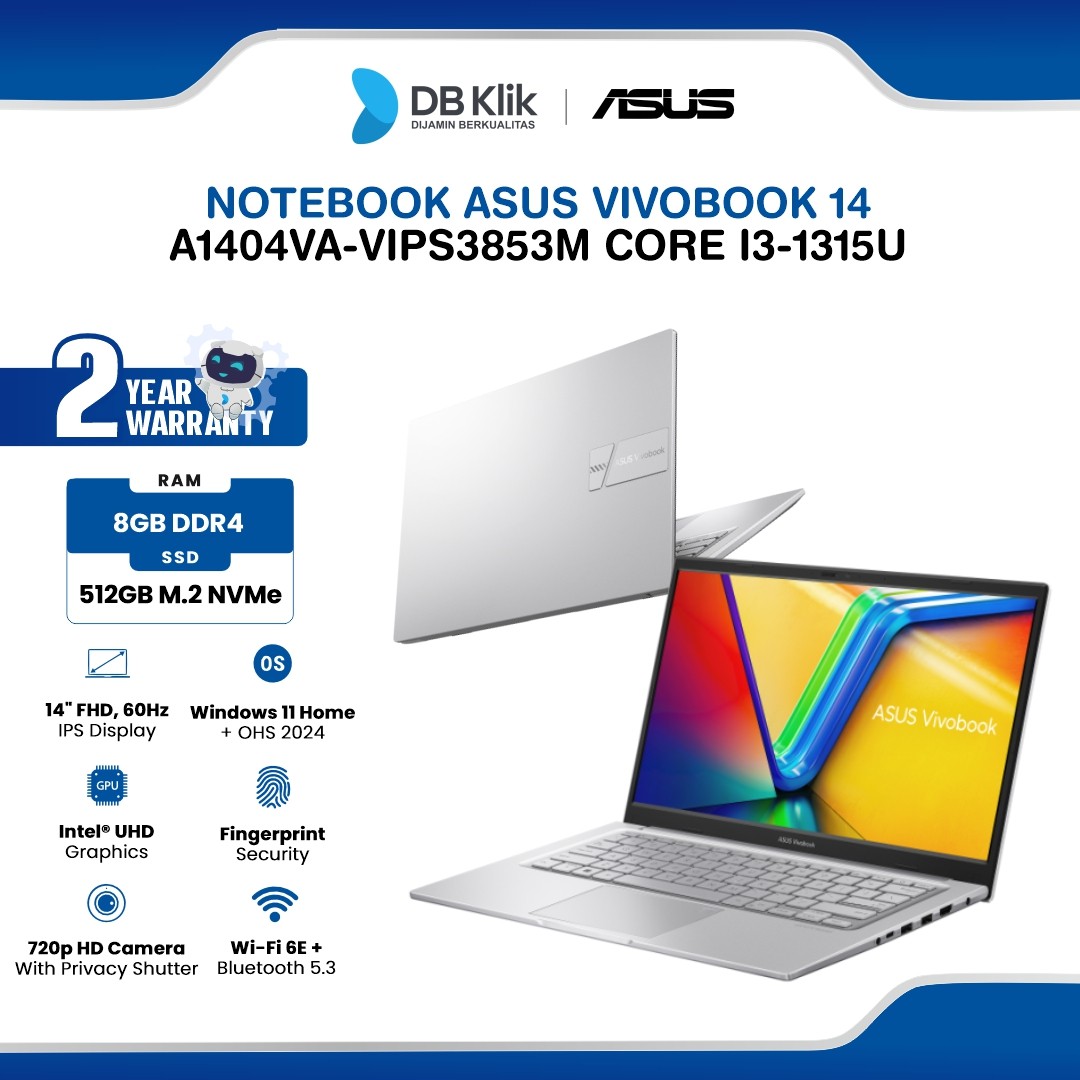 Notebook ASUS Vivobook 14 A1404VA-VIPS3853M INTEL Core i3-1315U 8GB DDR4/512GB M.2 NVMe INTEL UHD Windows 11 Home + Microsoft Office Home Student 2024 14" FHD IPS - Transparent Silver
