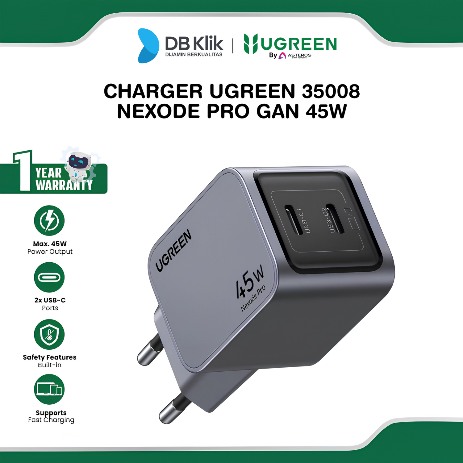 Charger UGreen Nexode Pro Gan 45W 2 Port Usb C (35008)