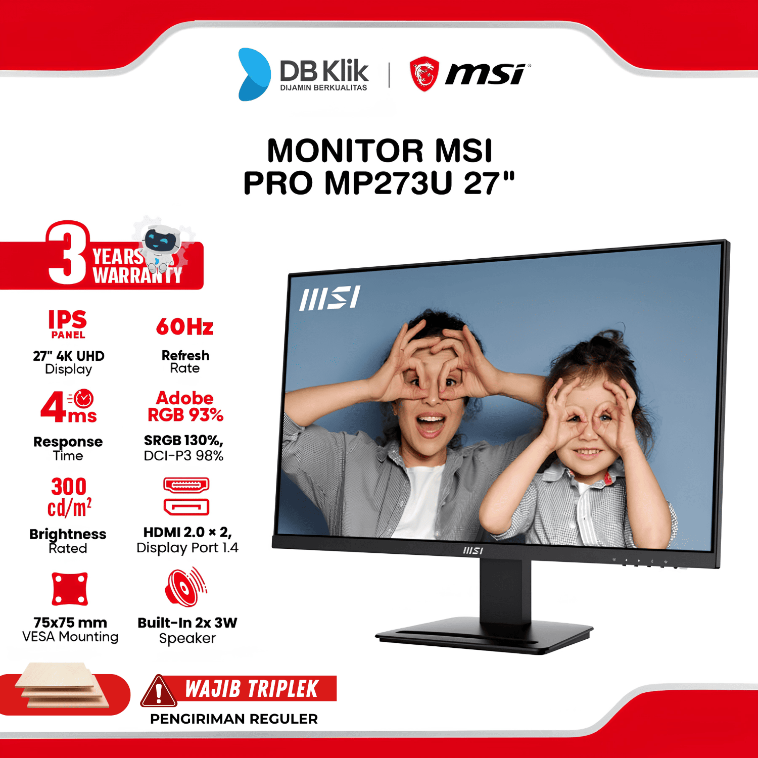 Monitor MSI PRO MP273U 27" 4K UHD IPS 60Hz 4ms Adaptive Sync HDR Ready Built In Speaker HDMI DP