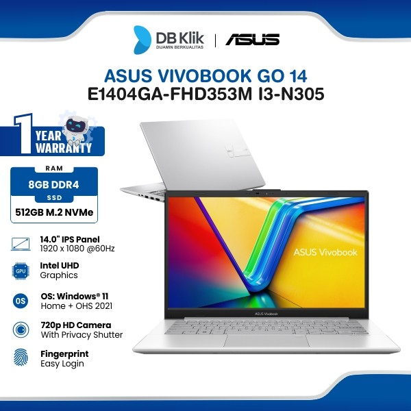 Notebook ASUS Vivobook Go 14 E1404GA-FHD353M I3-N305 8GB/512GB Windows 11 Home + Office Home Student 2021 (M365 Basic 1Y) 14" FHD - Cool Silver