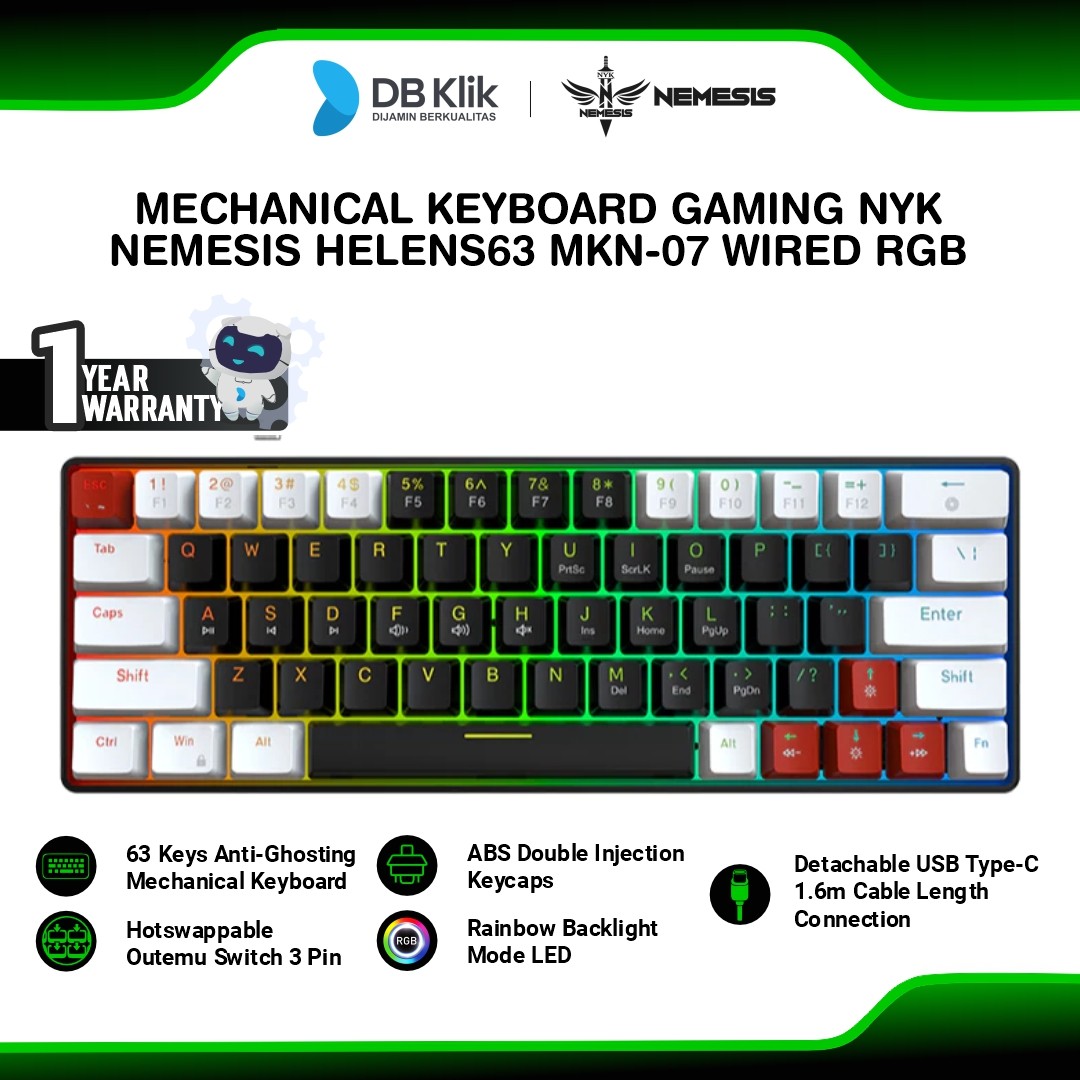 Keyboard Gaming Mechanical NYK Nemesis HELENS63 MKN-07 Wired RGB Black White