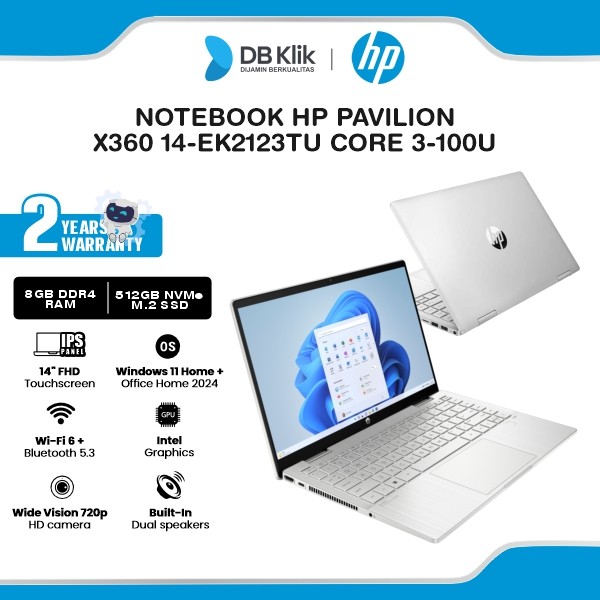 Notebook HP Pavilion x360 14-EK2123TU INTEL Core 3-100U 8GB DDR4/512GB M.2 NVMe Intel Graphics Windows 11 Home + Microsoft Office Home Student 2024 14" IPS FHD Touchscreen - Natural Silver