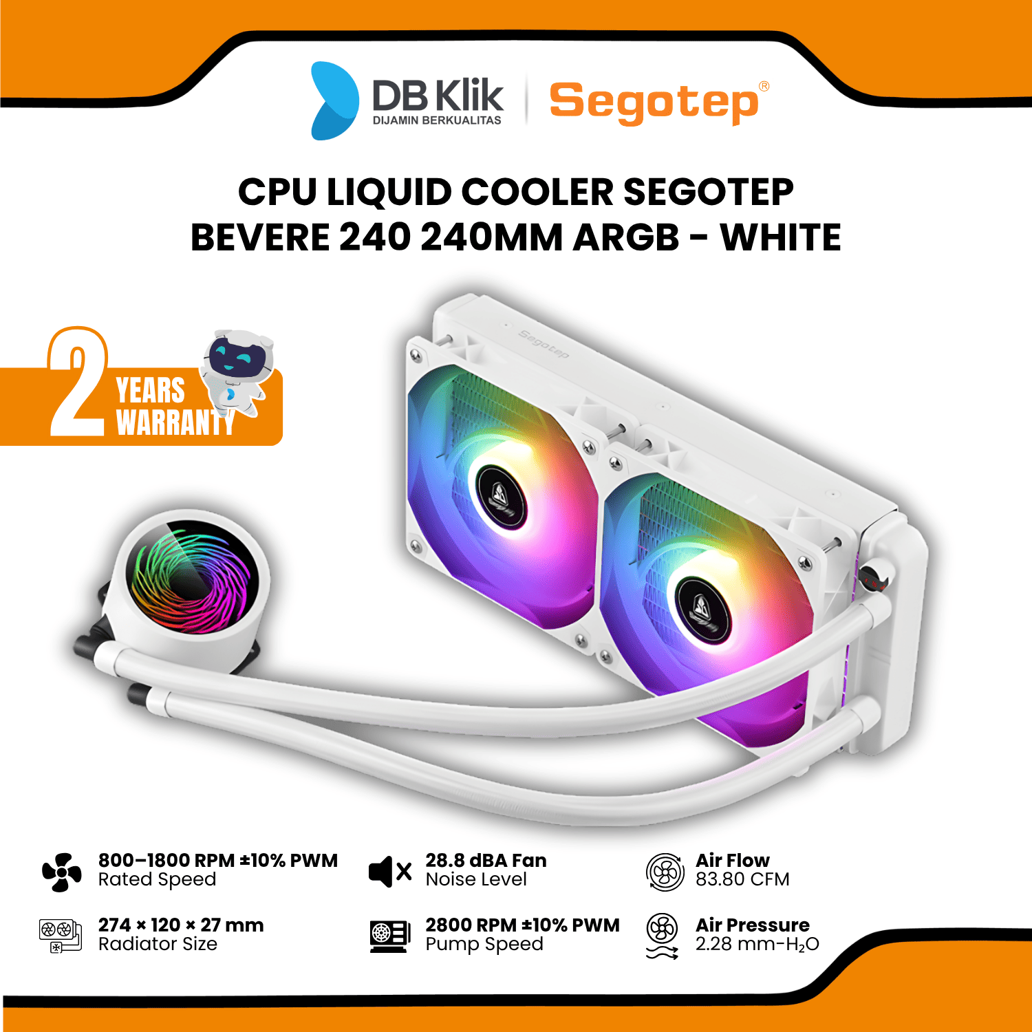 CPU Liquid Cooler Segotep BEVERE 240 240mm ARGB - White