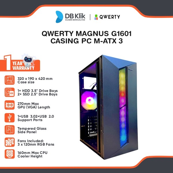QWERTY MAGNUS G1601 Casing PC M-ATX 3 RGB Fan Included