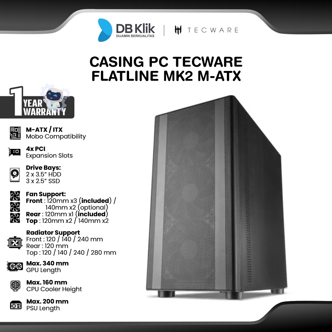 Casing PC Tecware Flatline MK2 M-ATX Pre-Installed 4 Fan- Black
