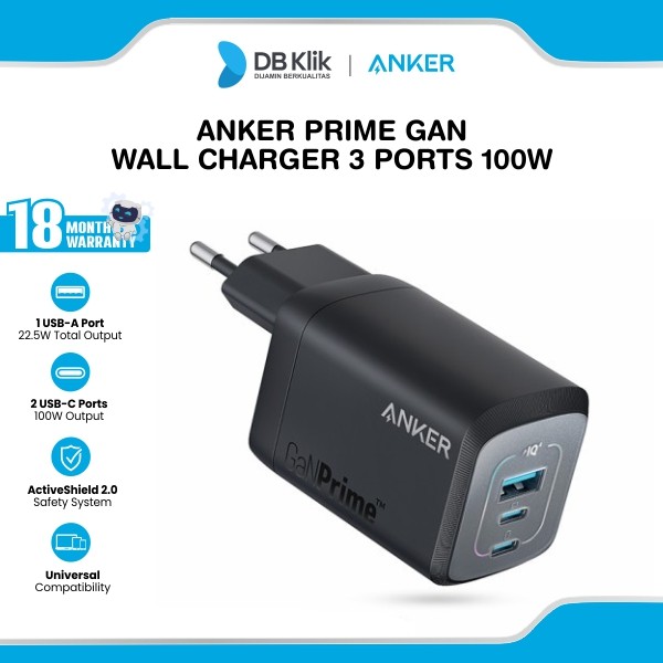 GaN Wall Charger Anker Prime 100W 3 Ports 2 Usb-C 1 Usb-A A2343313 - Black
