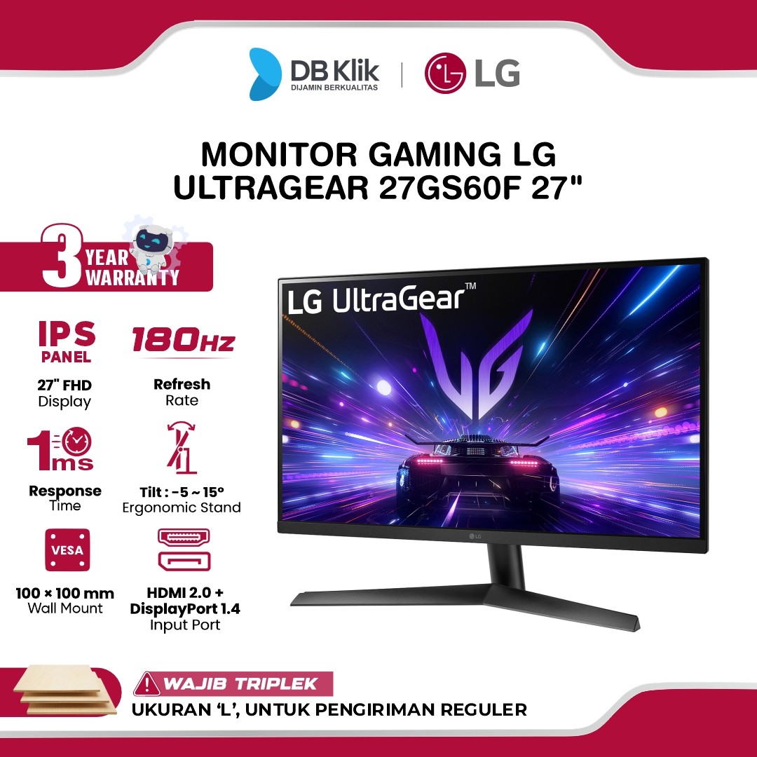 Monitor Gaming LG UltraGear 27GS60F 27" FHD IPS 180hz 1ms AMD FreeSync + NVIDIA G-Sync HDR10 HDMI DP