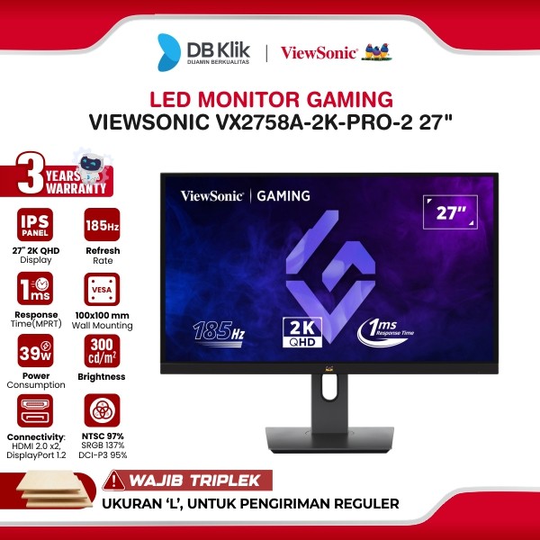 LED Monitor Gaming Viewsonic VX2758A-2K-Pro-2 27" IPS 2K QHD 185Hz 1ms AMD FreeSync HDMI DP Ergo Stand