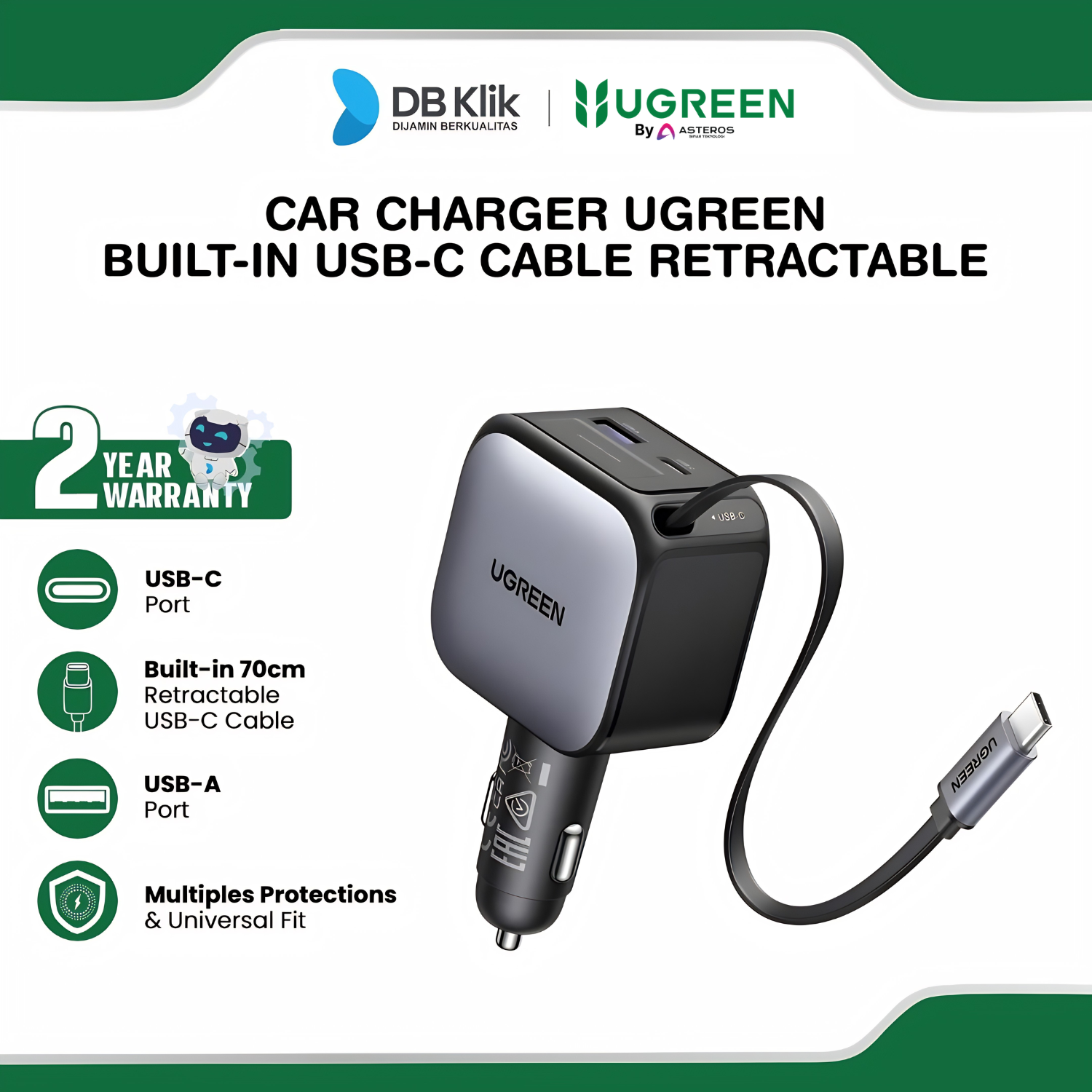 Car Charger UGREEN Built-in USB-C Cable Retractable