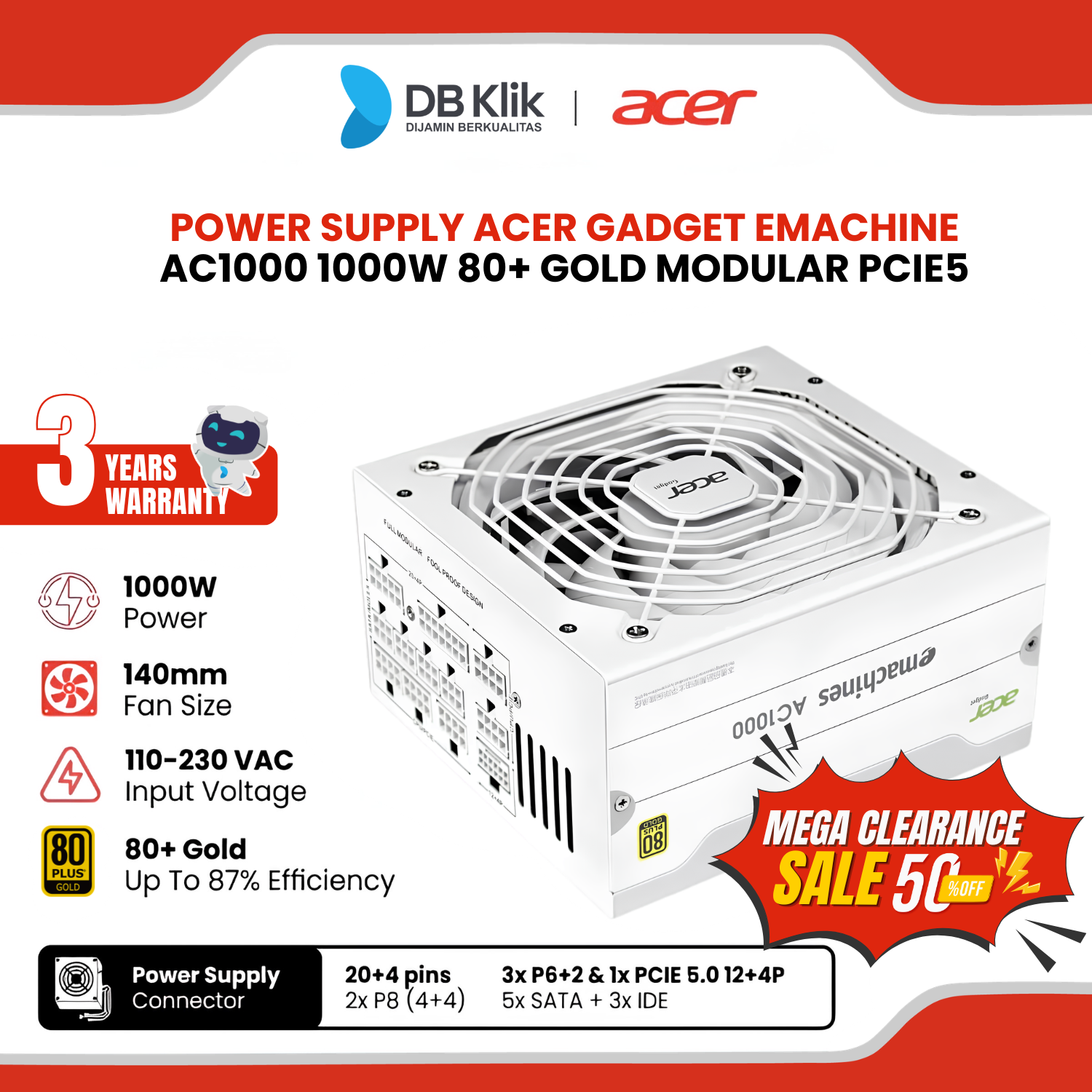 Power Supply Acer Gadget Emachine AC1000 White 1000W 80+ Gold Modular PCIe5