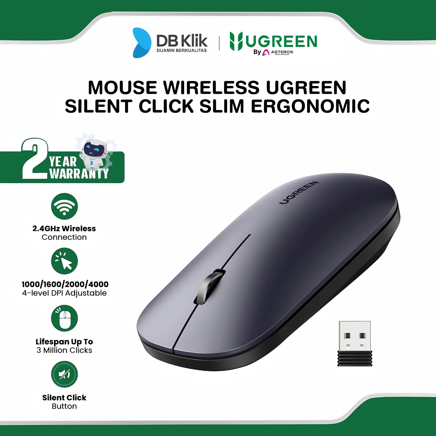 Mouse UGreen Wireless 4000DPI Silent Click Slim Ergonomic