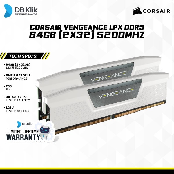 RAM CORSAIR VENGEANCE LPX DDR5 64GB 2X32 5200White CMK64GX5M2B5200C40W
