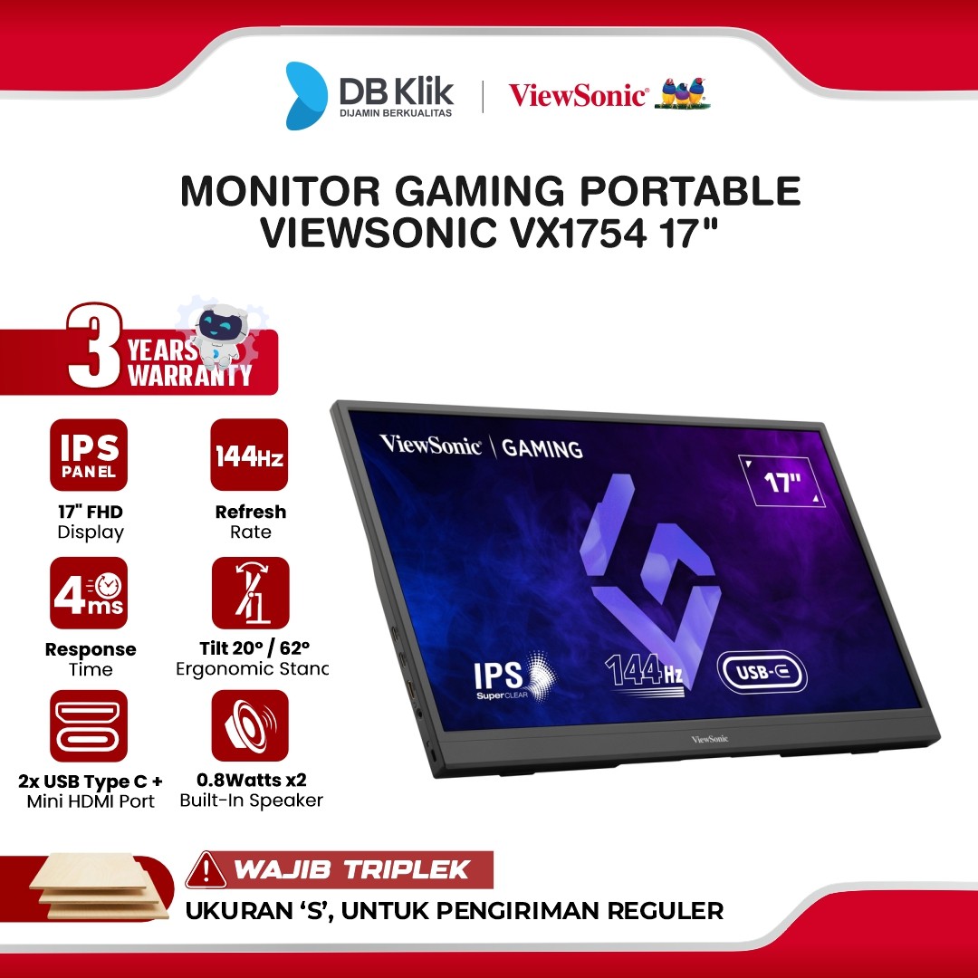 VIEWSONIC VX1754 Monitor Gaming Portable 17" IPS FHD 144Hz 4ms AMD FreeSync Built in Speaker Mini HDMI USB-C