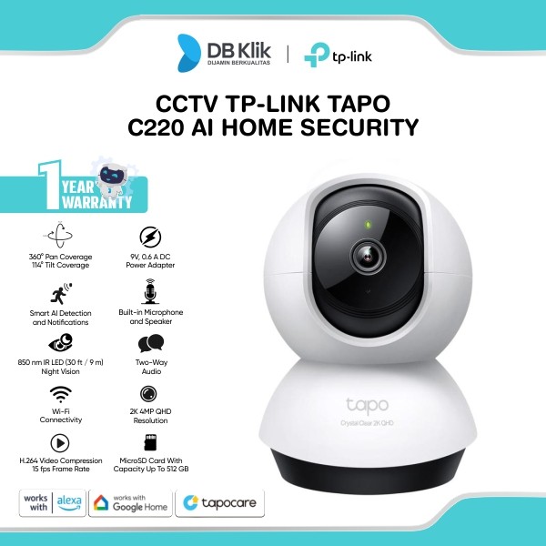 CCTV TP-Link Tapo C220 2K QHD 4MP Smart CCTV IP Cam Pan Tilt AI Home Security