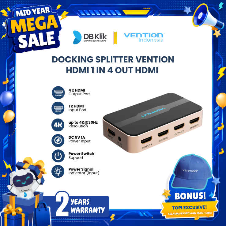 Docking Splitter Vention HDMI 1 in 4 out HDMI Duplicate Screen 4K 30Hz - Splitter HDMI 1 in 4 out Gold Aluminium Alloy (ACCG0-EU)