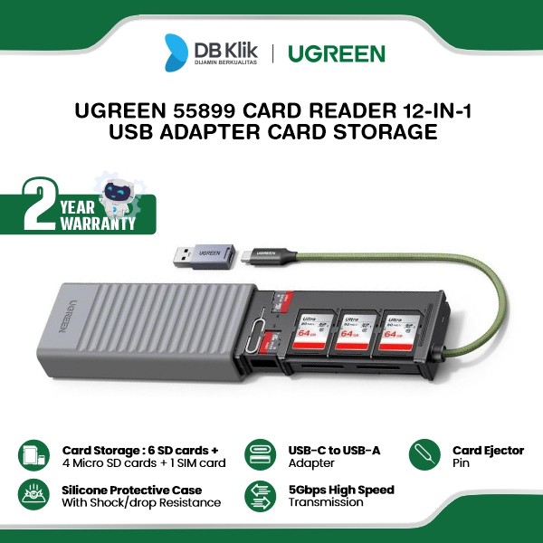 UGreen Card Reader 12in1 For SD+TF Card, SIM Card, ejector pin, USB Adapter Card Storage (55899)