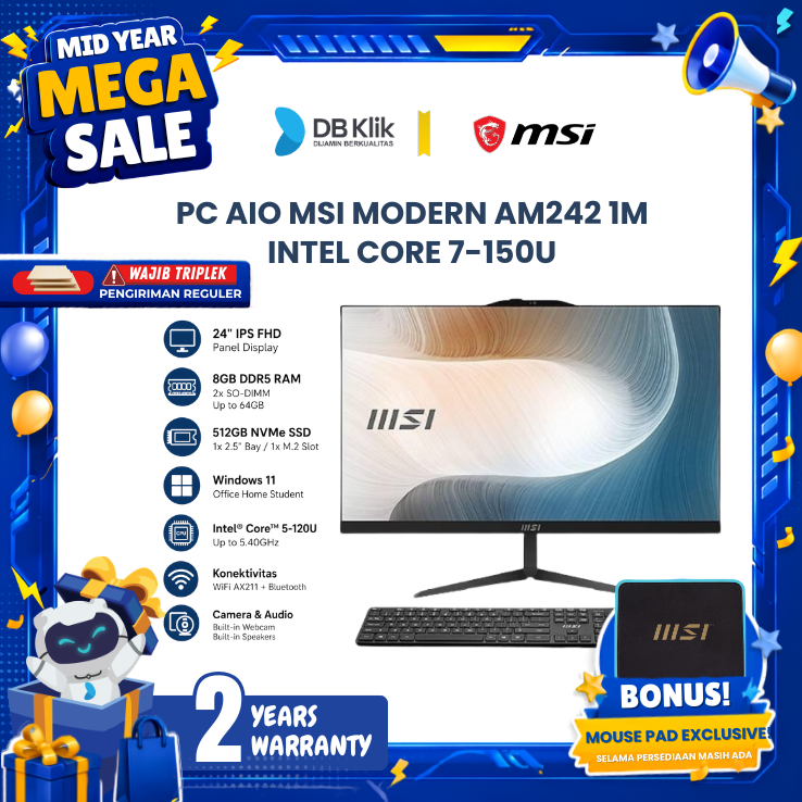PC AIO MSI MODERN AM242 1M INTEL Core 7-150U 8GB DDR5/512GB M.2 NVMe INTEL Iris Xe Graphics Windows 11 Home  + Microsoft Office Home Student 24" FHD IPS - Black