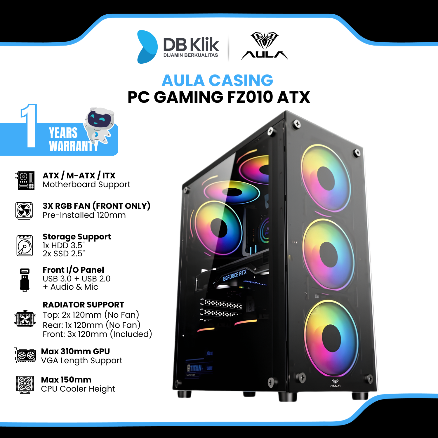 Casing PC AULA FZ010 ATX (Pre-Installed 3 RGB Fan)