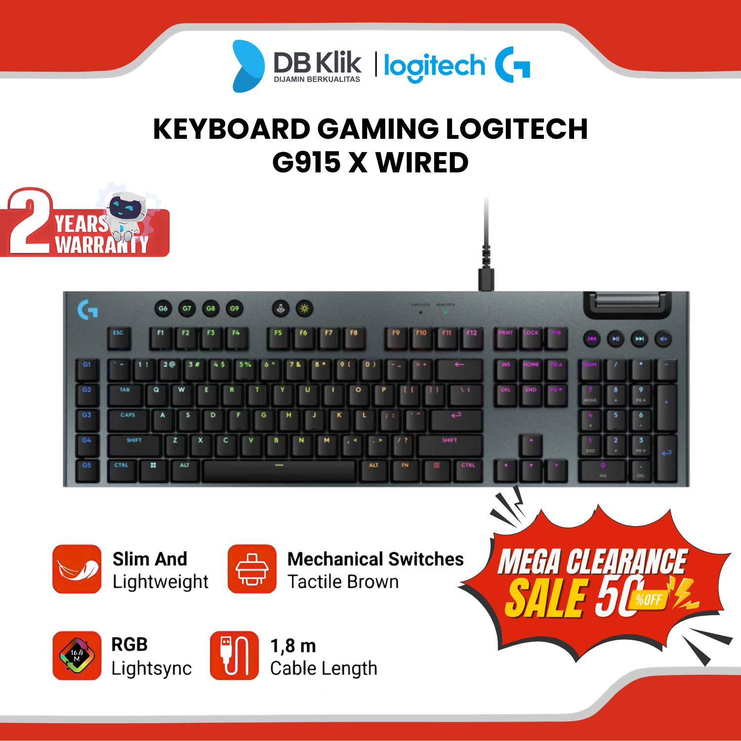 Keyboard Gaming Logitech G915 X Wired Tactile (920-012944)