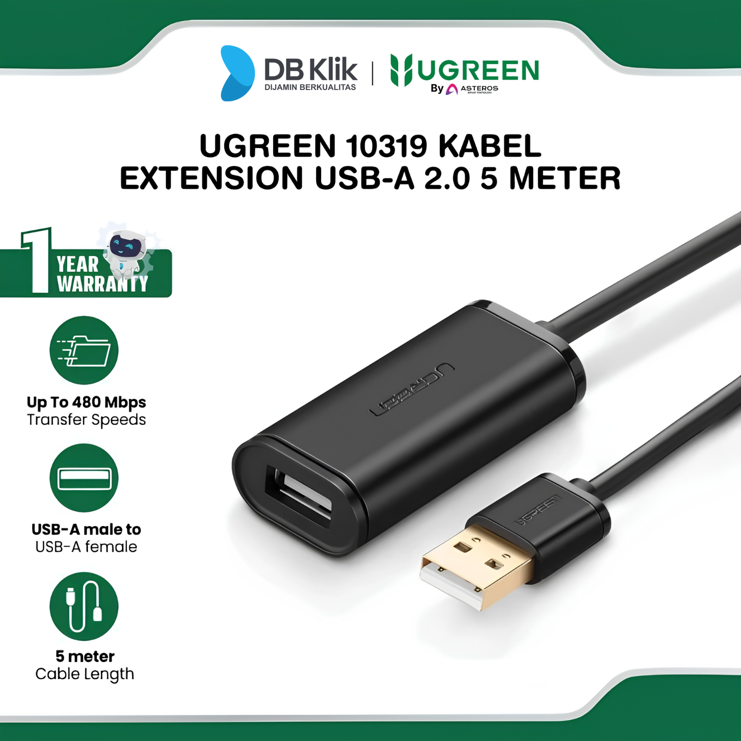 Kabel Usb Extension UGreen Usb-A 2.0 Male to Female 5Meter (10319)