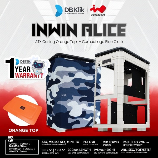 Casing INWIN Alice ORANGE TOP ATX + Comouflage Blue Cloth