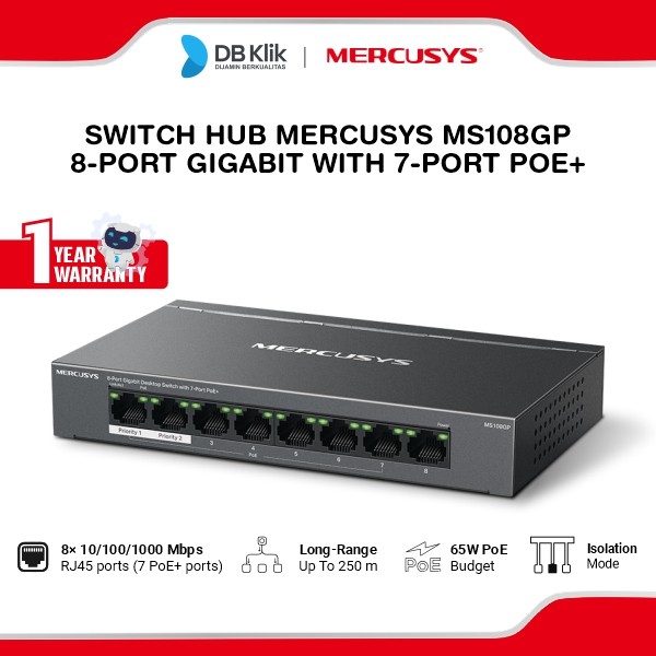 Switch Hub Mercusys MS108GP 8-Port Gigabit with 7-Port PoE+