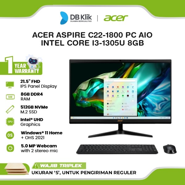 ACER Aspire C22-1800 PC AIO INTEL Core i3-1305U 8GB DDR4/512GB M.2 NVMe INTEL UHD  Windows 11 Home + Microsoft Office Home Student 2021 22" FHD