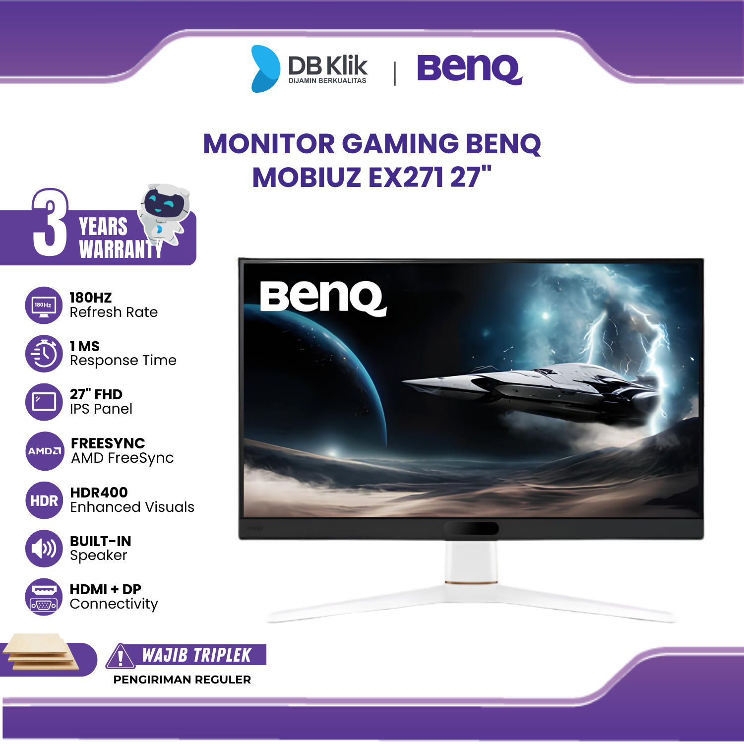 Monitor Gaming BenQ MOBIUZ EX271 27" FHD IPS 180Hz 1ms AMD FreeSync HDR400 Built in Speaker HDMI DP