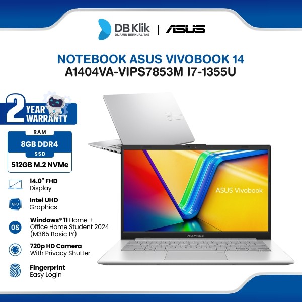 Notebook Asus Vivobook 14 A1404VA-VIPS7853M i7-1355U 8GB/512GB Windows 11 Home + Office Home Student 2024 (M365 Basic 1Y) 14" FHD - Cool Silver