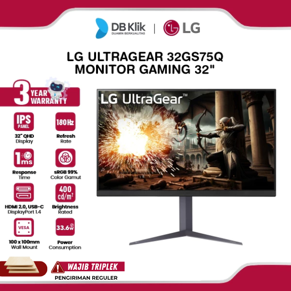 LG UltraGear 32GS75Q Monitor Gaming 32" IPS 2K QHD 180Hz 1ms AMD FreeSync & NVIDIA G-Sync HDR400 HDMI DP