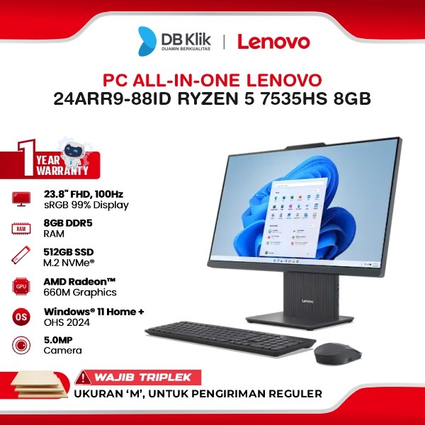 Lenovo PC AIO 24ARR9-88ID AMD Ryzen 5 7535HS 8GB DDR5/512GB M.2 NVMe AMD Radeon Windows 11 Home + Office Home Student 2024 23.8" FHD IPS - Luna Grey