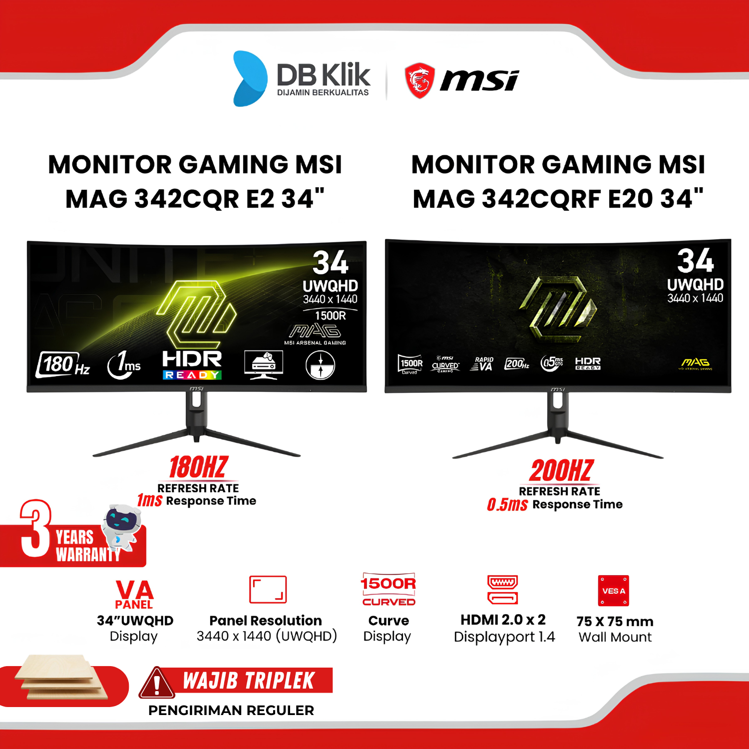 Monitor Gaming MSI MAG 342CQR E2 180Hz 1ms | MAG 342CQRF E20 200Hz 0.5ms 34" Curved 1500R 2K QHD VA Adaptive Sync HDMI DP