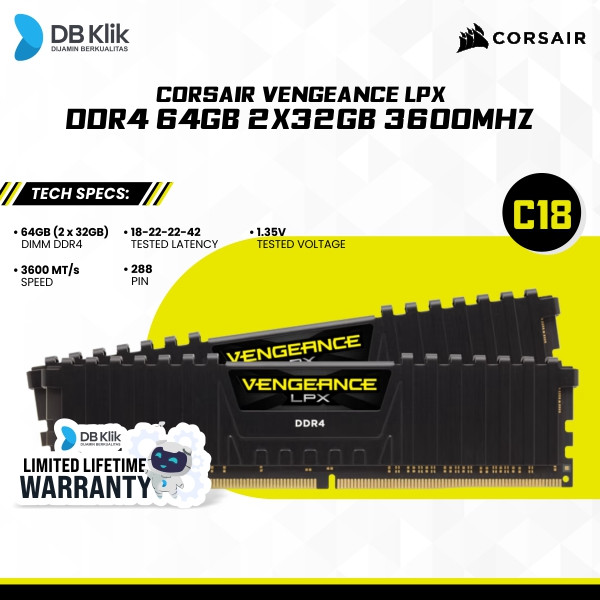 RAM CORSAIR VENGEANCE LPX DDR4 64GB 2X32GB 3600MHz CMK64GX4M2D3600C18