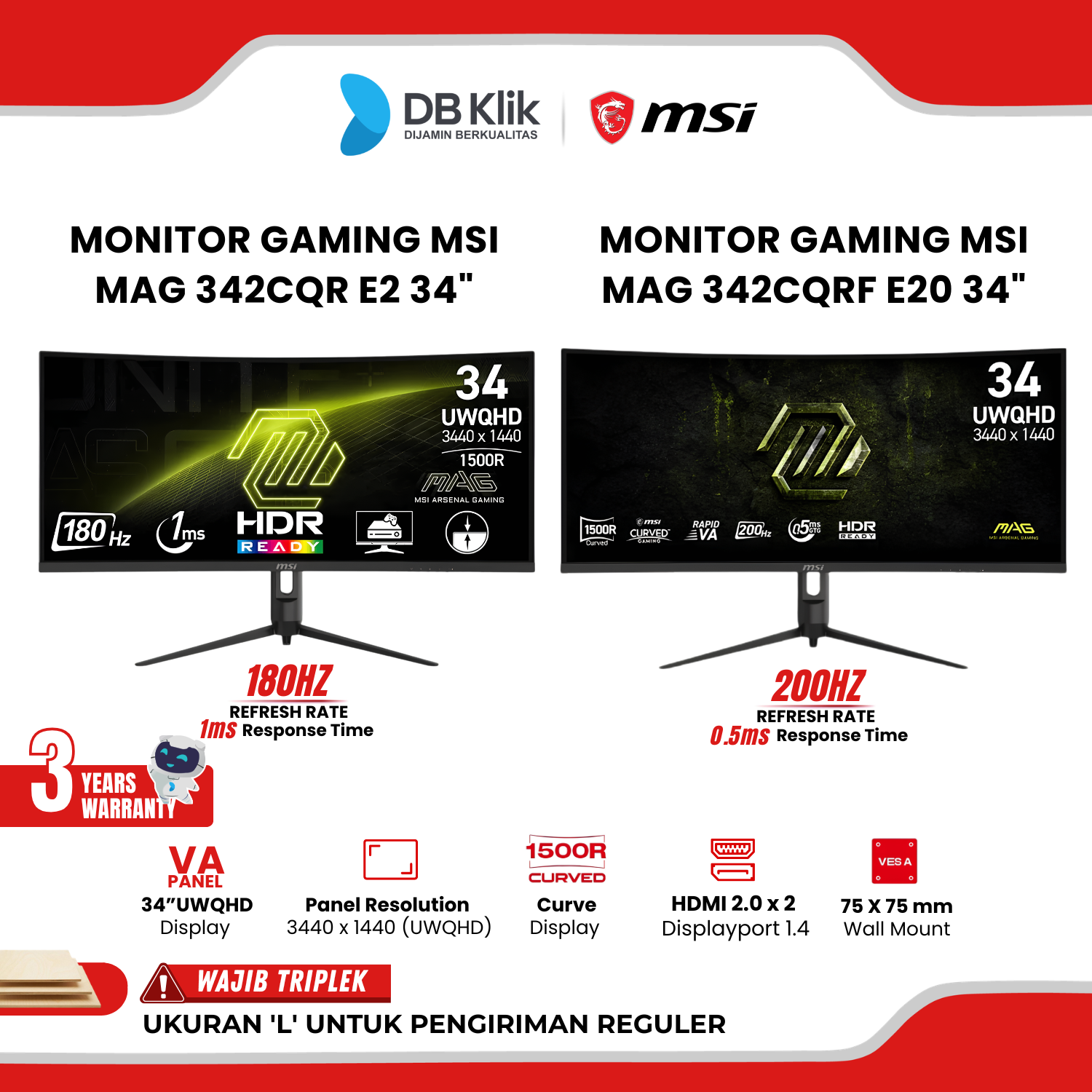 Monitor Gaming MSI MAG 342CQR E2 180Hz 1ms | MAG 342CQRF E20 200Hz 0.5ms 34" Curved 1500R 2K QHD VA Adaptive Sync HDMI DP