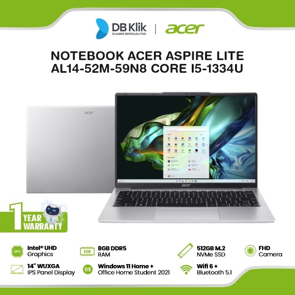 Notebook Acer Aspire Lite AL14-52M-59N8 INTEL Core I5-1334U 8GB DDR5/512GB M.2 NVMe Windows 11 Home + Microsoft Office Home Student 2021 14" IPS - Pure Silver