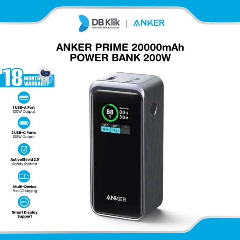 Power Bank Anker Prime 20000mAh 200W Max / 100W per Output Super Fast Charging 3 Port 2 USB-C & 1 USB-A A1336011 - Black