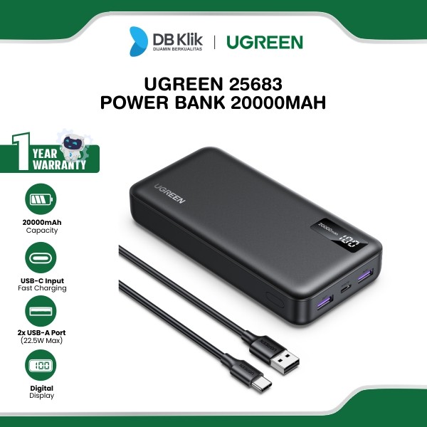 Power Bank UGreen 20000Mah 20W Usb A Usb C with Digital Display - Black (25683)
