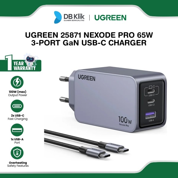 GAN Charger UGreen Nexode Pro 100W 2x Usb C 1x Usb A (25874) with Usb C to Usb C Cable Power