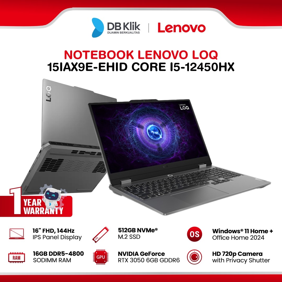 Notebook LENOVO LOQ 15IAX9E-EHID INTEL Core i5-12450HX 16GB DDR5/512GB M.2 NVMe RTX 3050 6GB Windows 11 Home + Microsoft Office Home Student 2024 16" FHD IPS