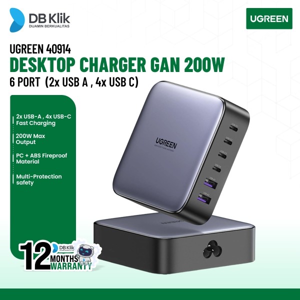 Desktop GAN Charger UGreen 200W 6Port (2x USB A , 4x USB C) (40914)