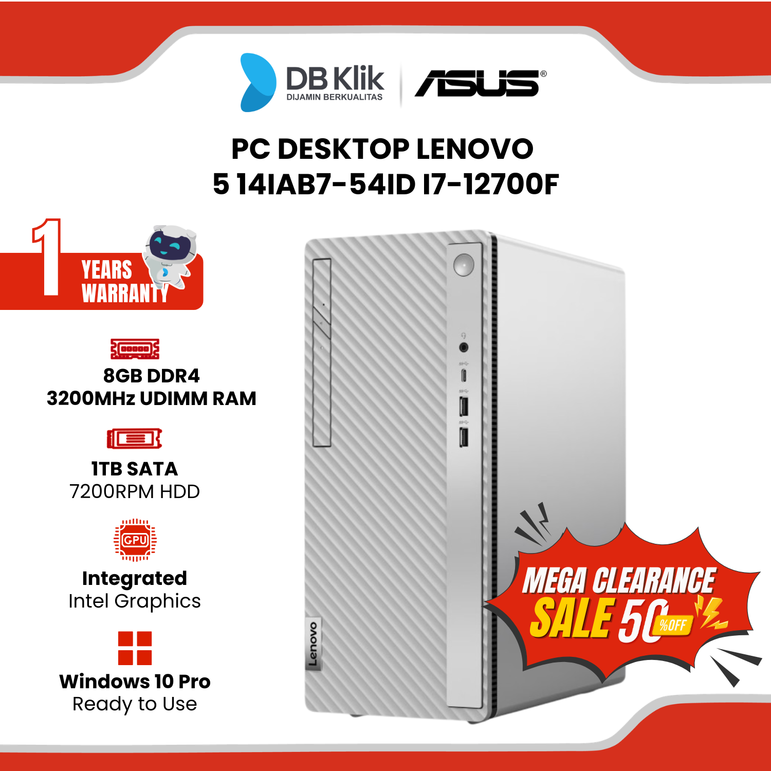 PC Desktop LENOVO IdeaCentre 5 14IAB7-54ID INTEL CORE i7-12700F 8GB DDR4/2TB HDD INTEL Iris Xe DOS With Monitor LENOVO 21.5" FHD