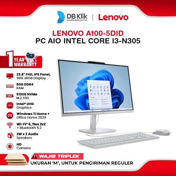 Lenovo A100-5DID PC AIO INTEL Core i3-N305 8GB DDR4 512GB M.2 INTEL UHD Windows 11 Home + Microsoft Office Home 2024 23,8 Inch IPS FHD - Cloud Grey