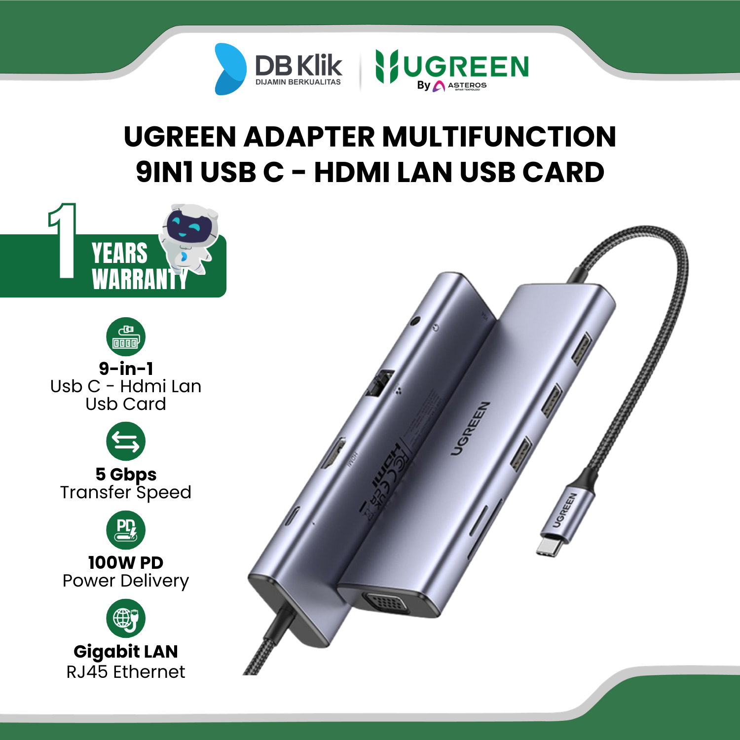 Adapter Multifunction UGreen 9in1 Usb C - Hdmi Lan Usb Card (15375)