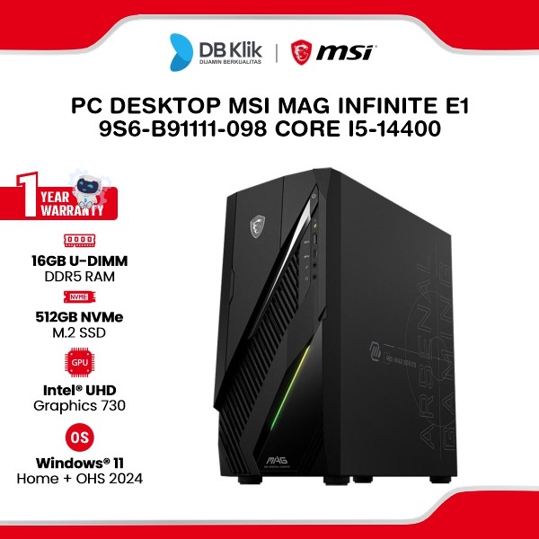 MSI MAG INFINITE E1 9S6-B91111-098 PC Desktop INTEL Core I5-14400 16GB DDR5/ 512GB M.2 NVMe INTEL UHD Windows 11 Home + Microsoft Office Home Student 2024