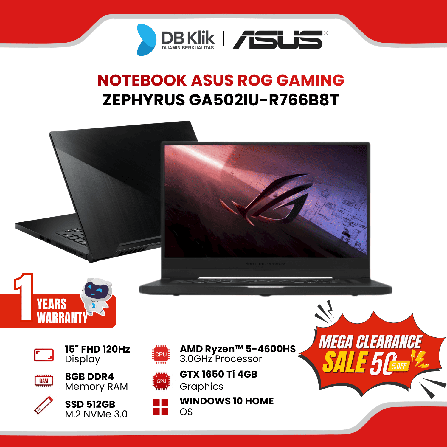 Notebook ASUS ROG Gaming GA502IU-R766B8T R7 4800HS 8G 512G 1660Ti 15.6