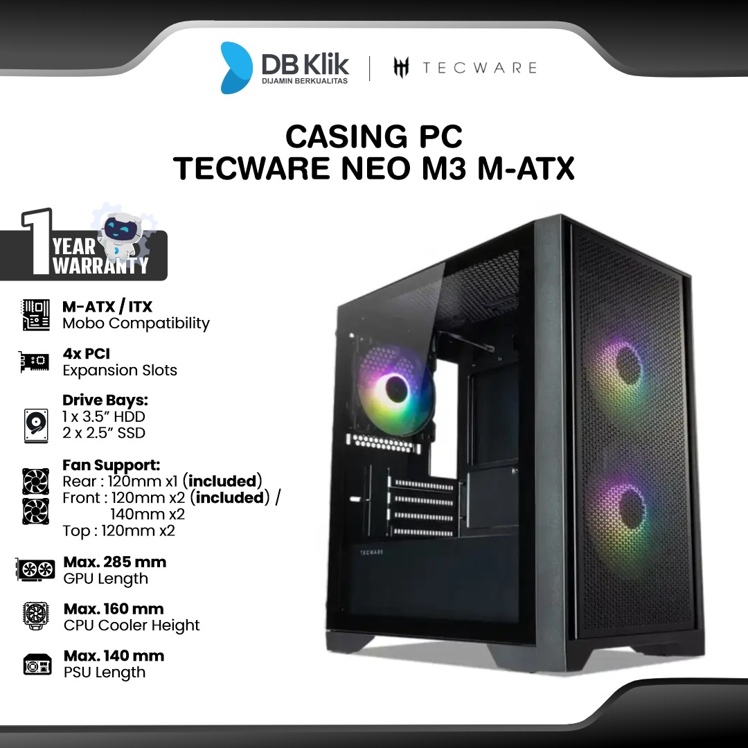 Casing PC Tecware Neo M3 M-ATX Pre-Installed 3 Fan - Black