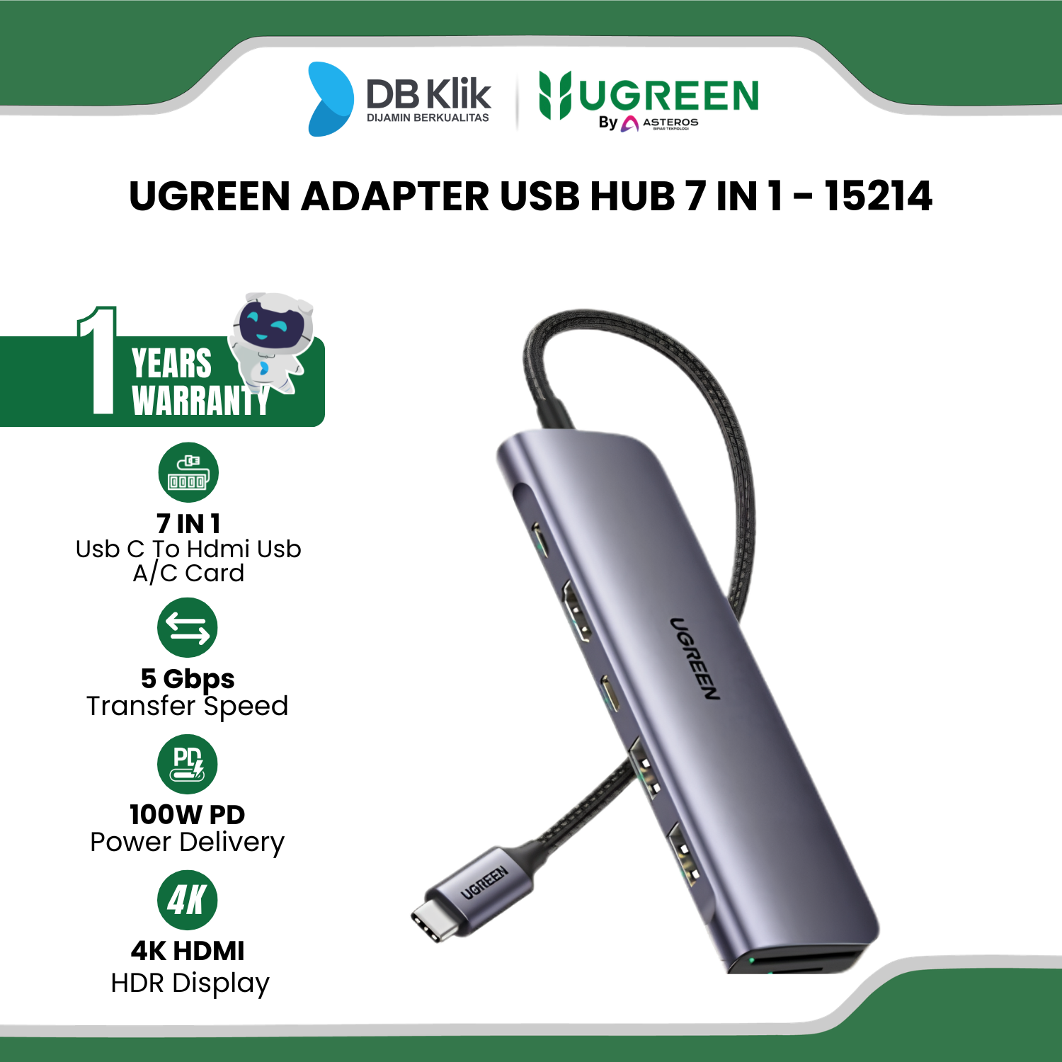 Adapter USB Hub UGreen 7 in 1 USB C to HDMI USB A/C Card Reader 15214