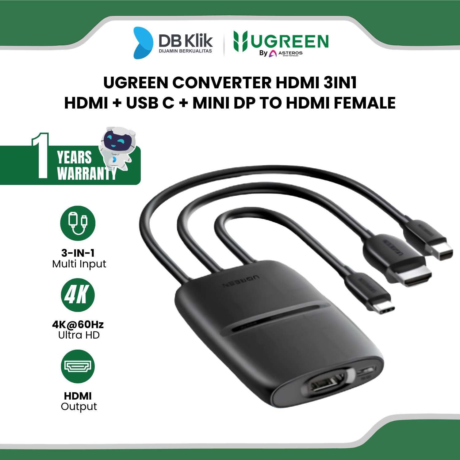 Converter Hdmi UGreen 3in1 Hdmi + Usb C + Mini DP to Hdmi Female 4K